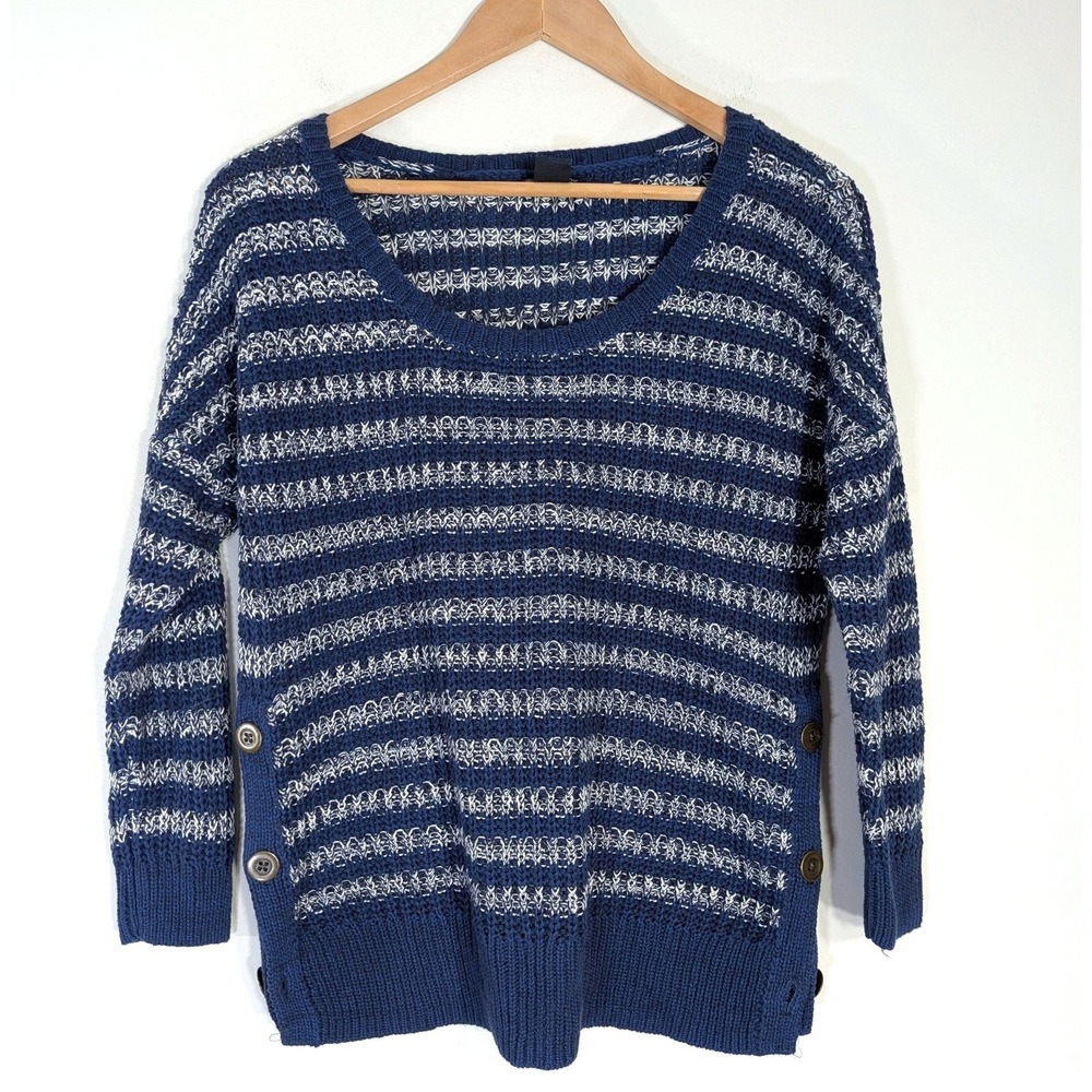 Lucky Brand Blue Striped Sweater; Cotton Knit Side Button Pullover